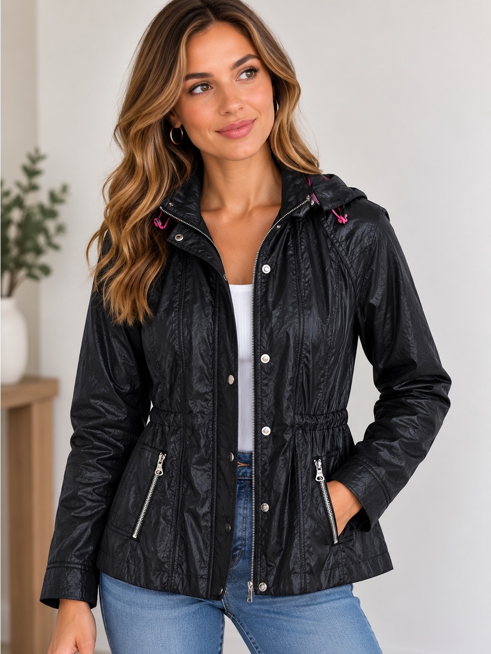 Vintage GUESS Black Hooded Jacket Pink Mesh Lining Y2K Women’s Large